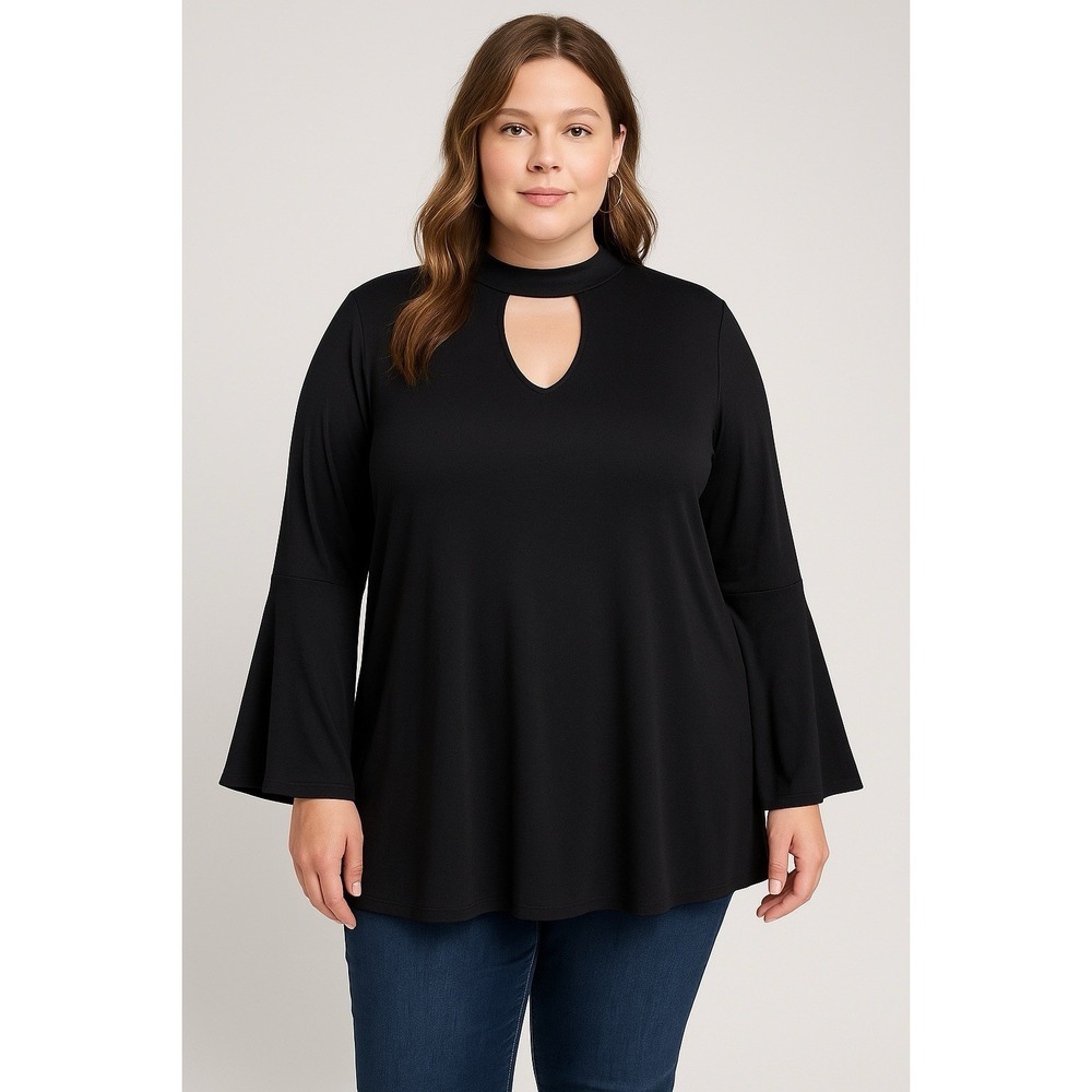 Laurie Felt Women's Size Large  Keyhole Blouse Bell Sleeves Black‎ Minimalist